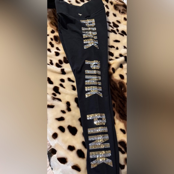 PINK Victoria's Secret Black Leggings with Gold Glitter Accents - Picture 2 of 2